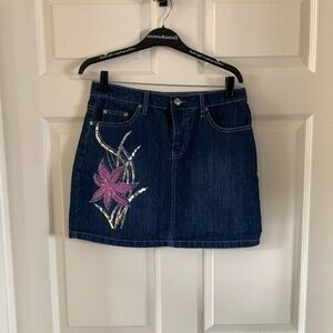 Y2K Gazoz  Denim Mini  Skirt Embroidered With Pink Floral Design